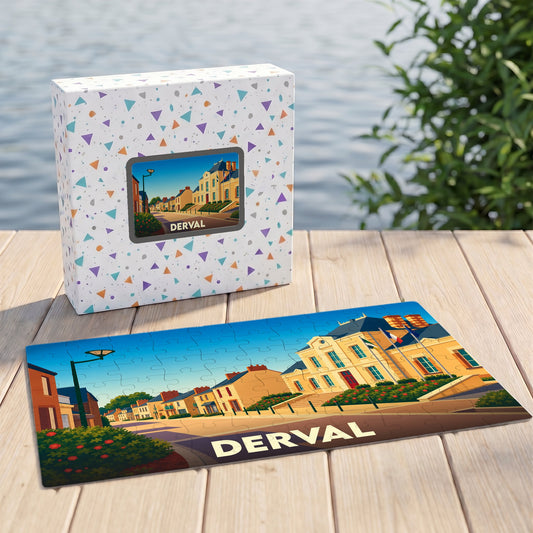 Puzzle souvenir de la ville de Derval avec une illustration colorée et stylisée.
