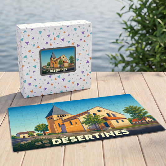 Puzzle souvenir de la ville de Désertines avec une illustration stylisée de son église.