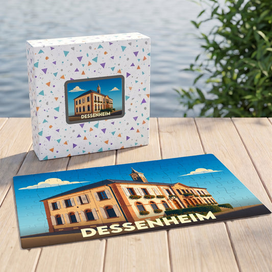 Puzzle souvenir de la ville de Dessenheim avec une illustration stylisée d'un bâtiment emblématique.