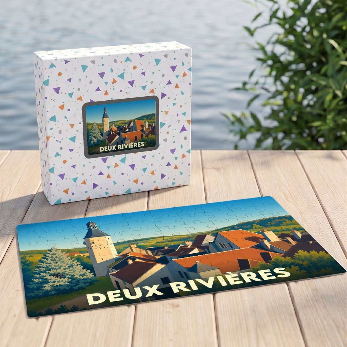 Puzzle souvenir de la ville de Deux Rivières avec une illustration de style vintage représentant son paysage urbain.