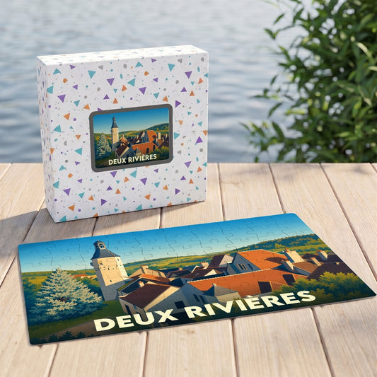 Puzzle souvenir de la ville de Deux Rivières avec une illustration de style vintage représentant son paysage urbain.