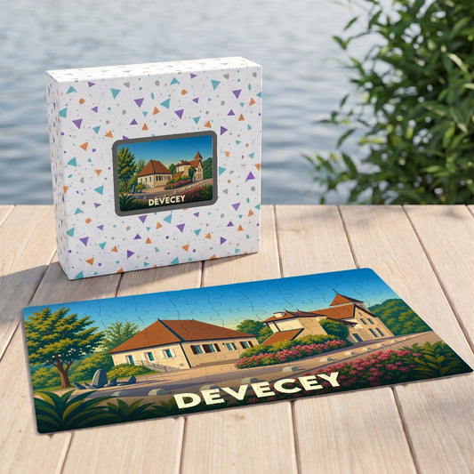 Puzzle souvenir de la ville de Devecey avec une illustration stylisée de ses bâtiments et de sa végétation.