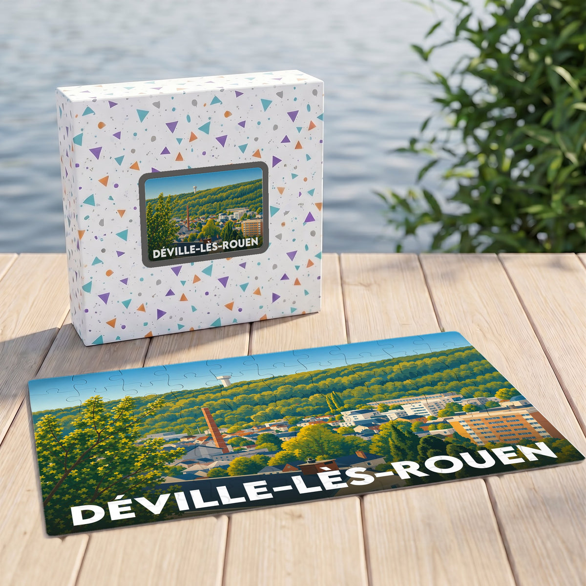 Puzzle souvenir de la ville de Déville-lès-Rouen avec une illustration stylisée et colorée.