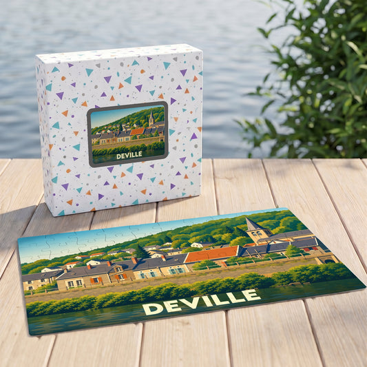 Puzzle souvenir de la ville de Deville illustré d'un paysage urbain au bord de l'eau.