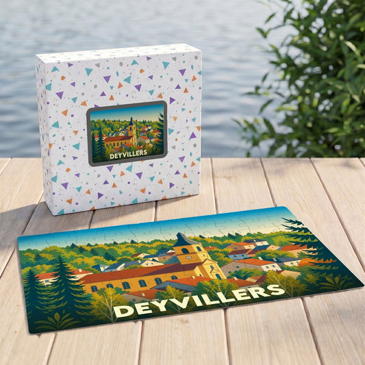 Puzzle souvenir de la ville de Deyvillers avec une illustration stylisée et sa boîte assortie.