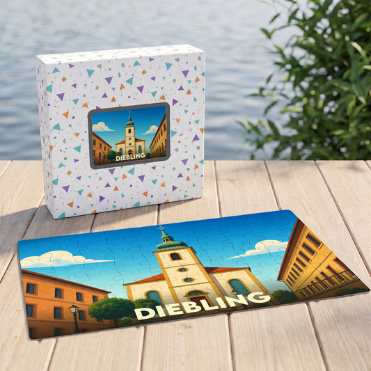 Puzzle souvenir de la ville de Diebling avec une illustration stylisée de son église.