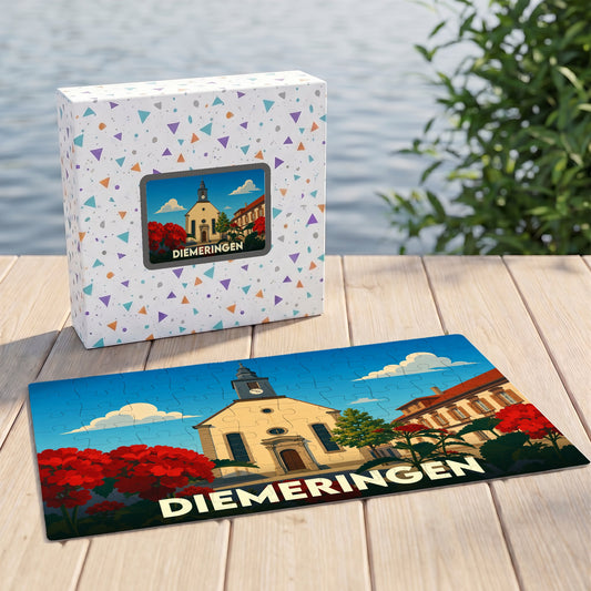 Puzzle souvenir de la ville de Diemeringen avec une illustration stylisée d'une église et de fleurs rouges.