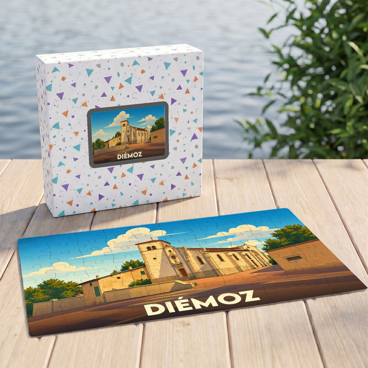 Puzzle souvenir de la ville de Diémoz illustrant son église dans un style graphique épuré.