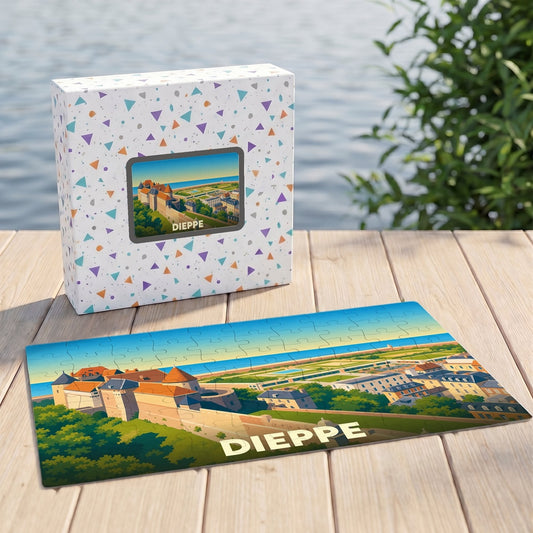 Puzzle souvenir de la ville de Dieppe avec une illustration stylisée de son château et du littoral.