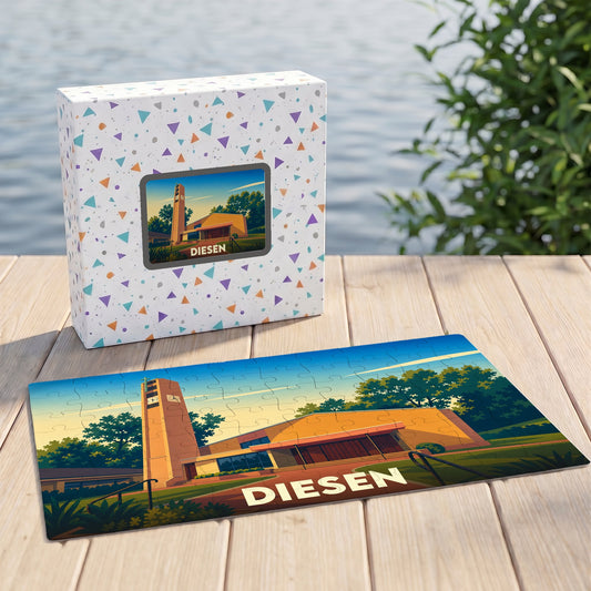 Puzzle souvenir de la ville de Diesen avec une illustration stylisée d'une église locale.