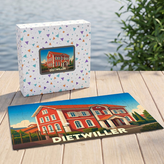 Puzzle souvenir de la ville de Dietwiller avec une illustration stylisée d'un bâtiment rouge.