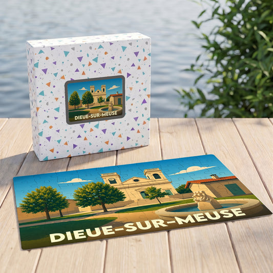 Puzzle souvenir de la ville de Dieue-sur-Meuse avec une illustration stylisée de son église et d'une fontaine.