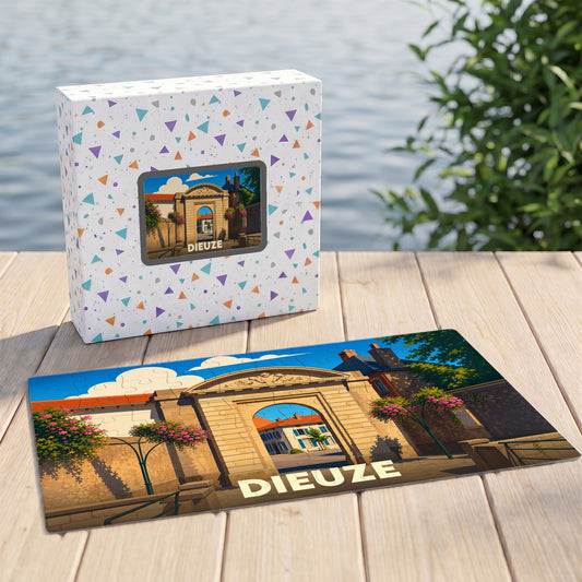 Puzzle souvenir de la ville de Dieuze avec une illustration stylisée d'une porte historique.