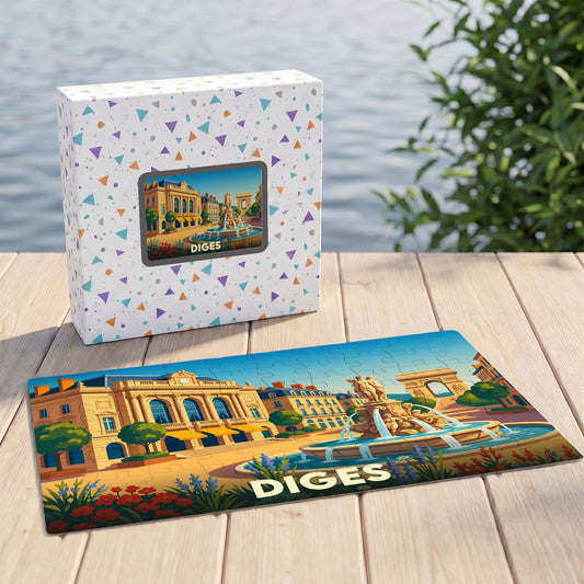 Puzzle souvenir de la ville de Diges avec une illustration stylisée d'une place animée et sa fontaine.