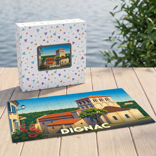 Puzzle souvenir de la ville de Dignac présentant une illustration stylisée de son église romane.
