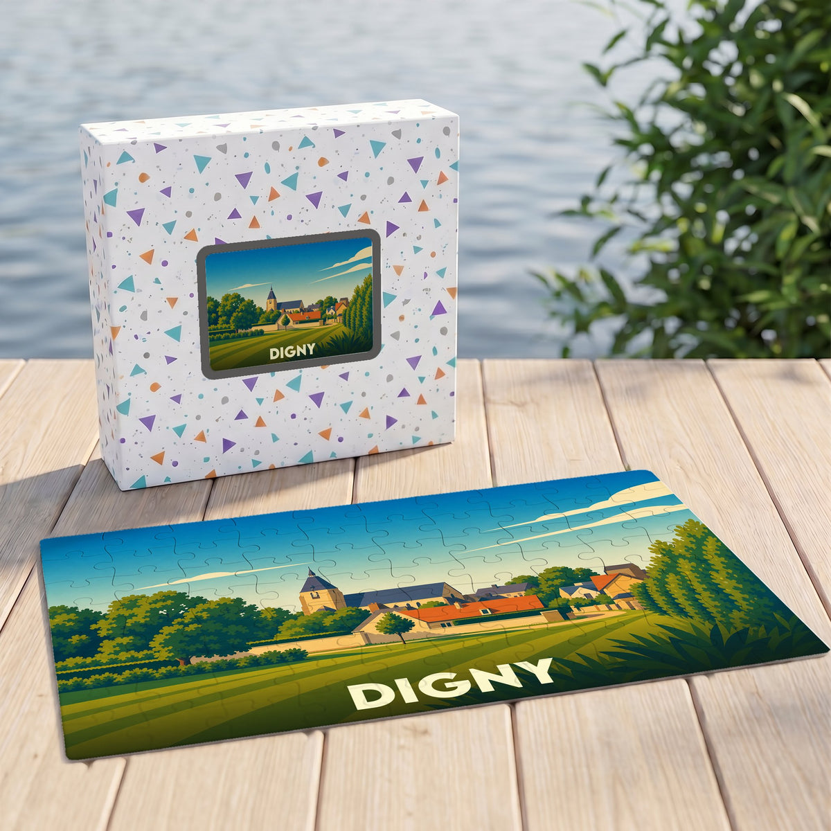 Puzzle souvenir de la ville de Digny avec une illustration paysagère stylisée.