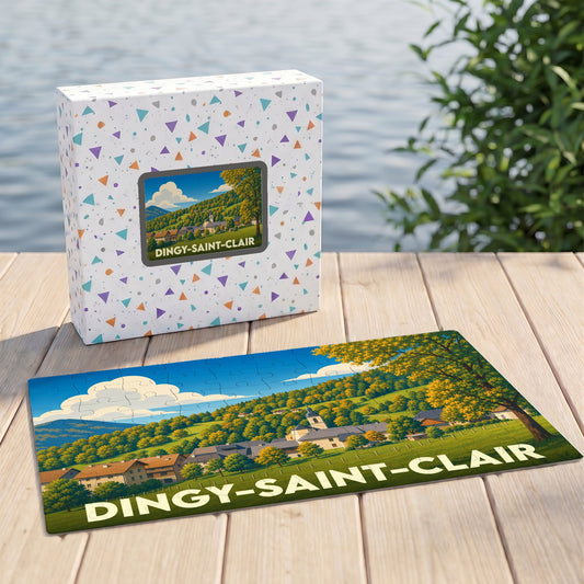 Puzzle souvenir de la ville de Dingy-Saint-Clair avec une illustration paysagère colorée.