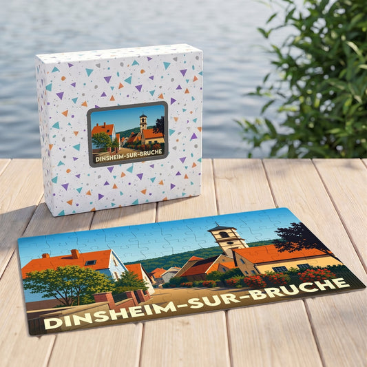 Puzzle souvenir de la ville de Dinsheim-sur-Bruche avec une illustration stylisée.