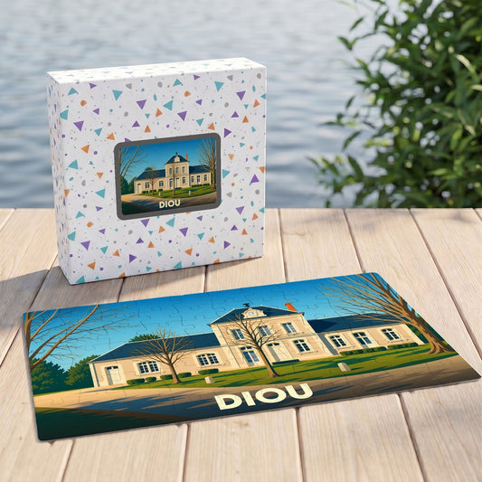 Puzzle souvenir de la ville de Diou avec une illustration stylisée d'un bâtiment historique.