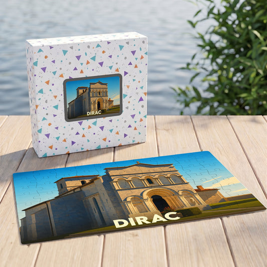 Puzzle souvenir de la ville de Dirac avec une illustration stylisée de son église romane.