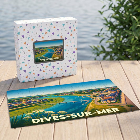 Puzzle souvenir de la ville de Dives-sur-Mer avec une illustration stylisée et colorée.