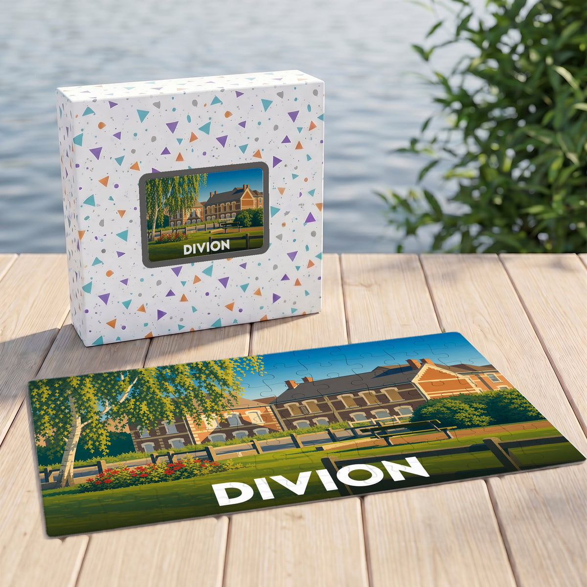Puzzle souvenir de la ville de Divion avec une illustration stylisée de ses bâtiments.