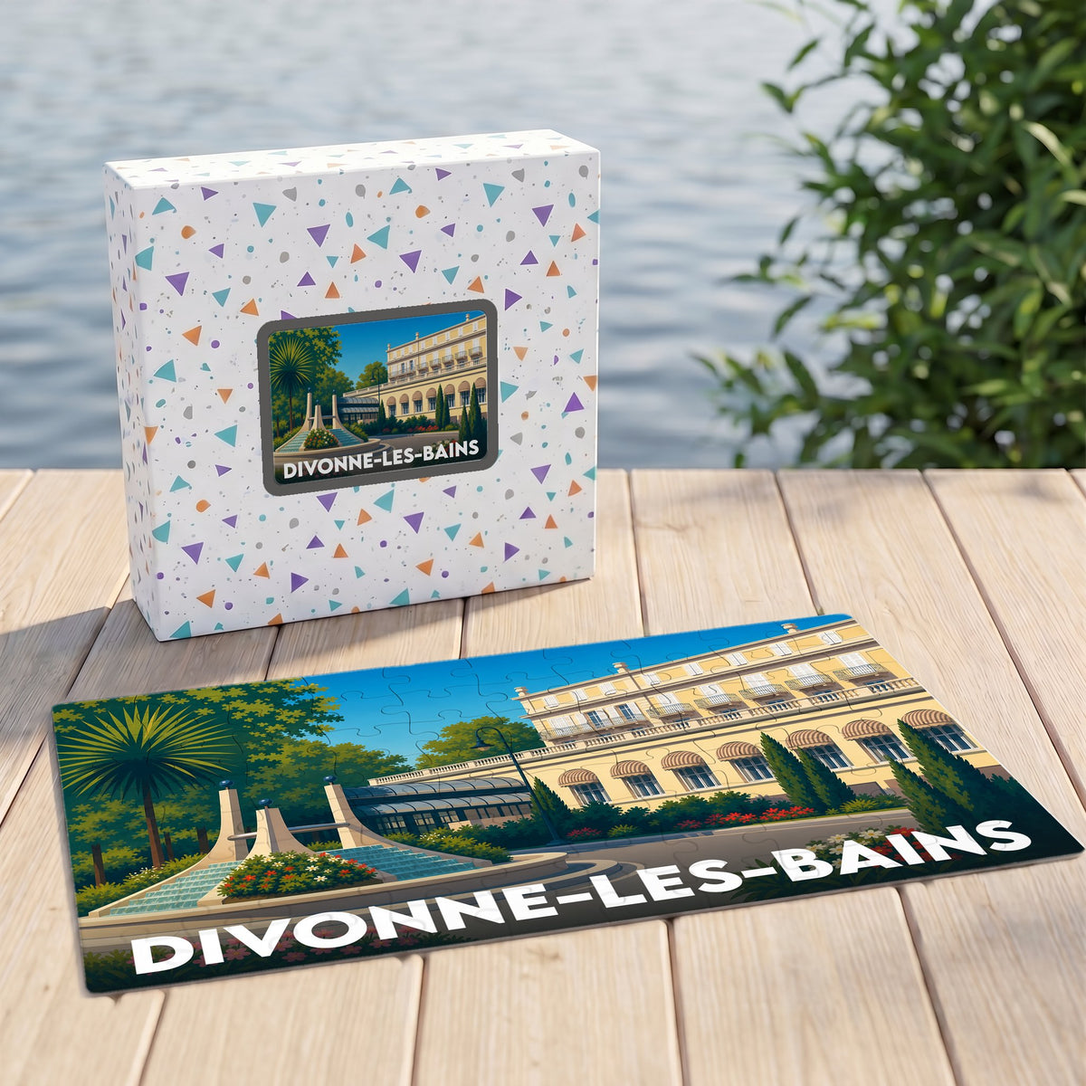 Puzzle souvenir de la ville de Divonne-les-Bains avec une illustration stylisée de son architecture et de ses jardins.