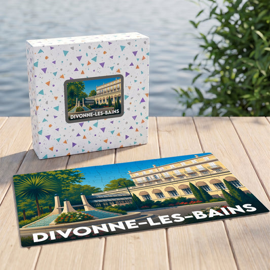 Puzzle souvenir de la ville de Divonne-les-Bains avec une illustration stylisée de son architecture et de ses jardins.