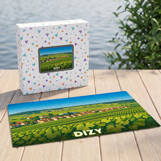 Puzzle souvenir de la ville de Dizy représentant un paysage de vignobles avec une illustration colorée.