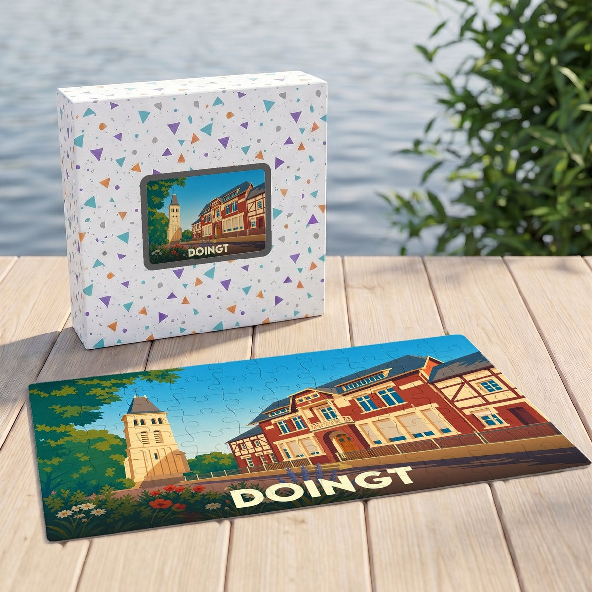 Puzzle souvenir de la ville de Doingt avec une illustration stylisée.