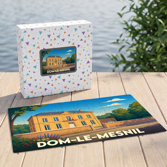 Puzzle souvenir de la ville de Dom-le-Mesnil avec une illustration stylisée de son architecture.