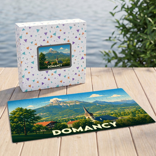 Puzzle souvenir de la ville de Domancy illustrant un paysage de montagne ensoleillé.