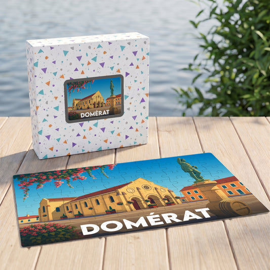 Puzzle souvenir de la ville de Domérat avec une illustration stylisée.