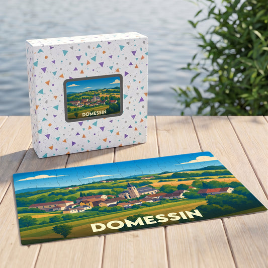 Puzzle souvenir de la ville de Domessin avec une illustration de paysage champêtre.