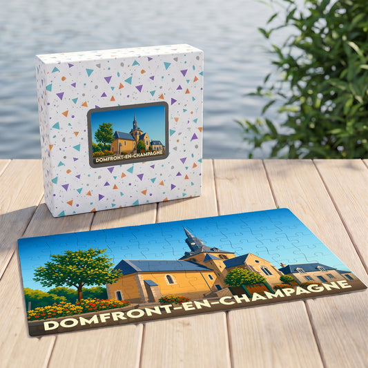 Puzzle souvenir de la ville de Domfront-en-Champagne avec une illustration stylisée de son église.