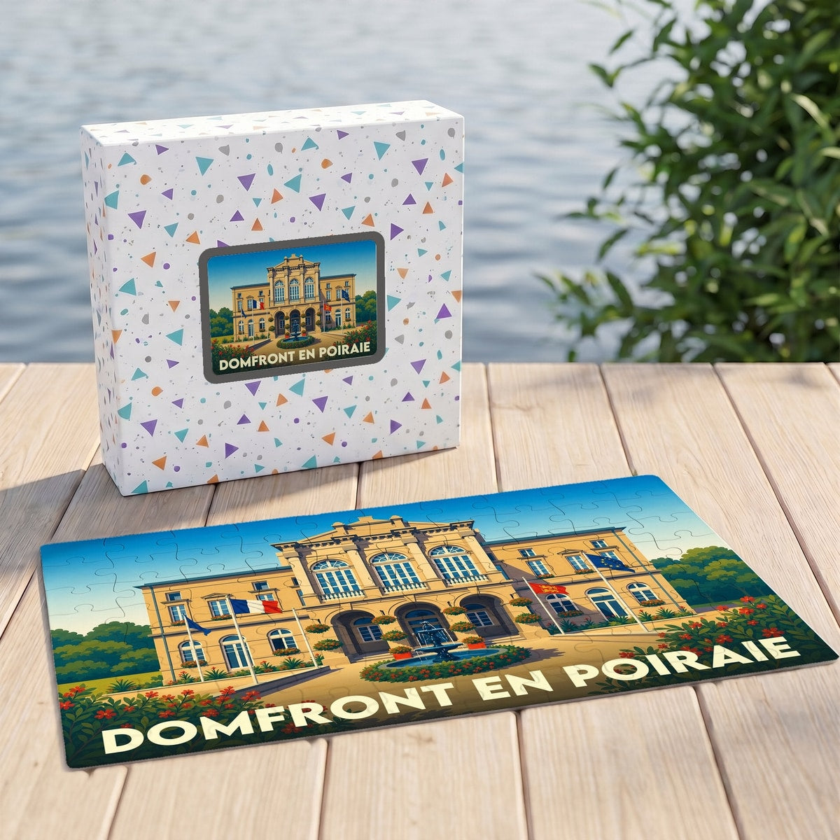 Puzzle souvenir de la ville de Domfront en Poiraie avec une illustration stylisée de son hôtel de ville.