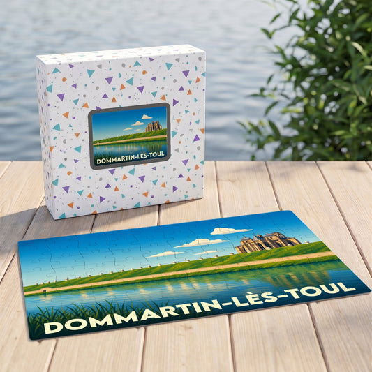 Puzzle souvenir de la ville de Dommartin-lès-Toul avec une illustration stylisée d'un monument au bord de l'eau.