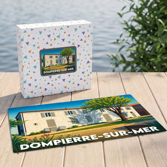 Puzzle souvenir de la ville de Dompierre-sur-Mer avec une illustration stylisée et colorée.