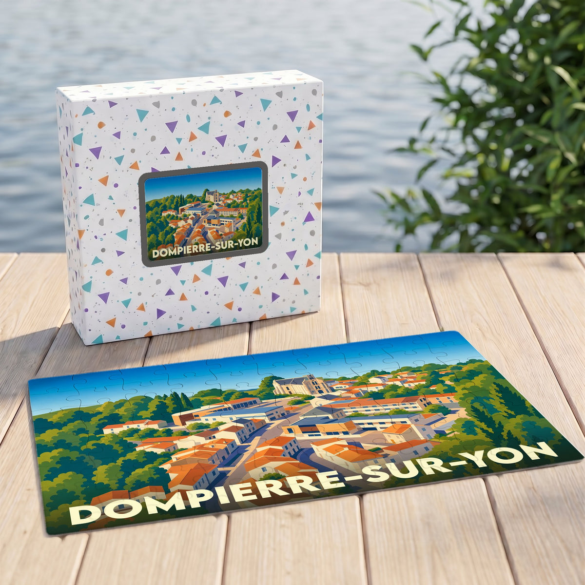 Puzzle souvenir de la ville de Dompierre-sur-Yon avec une illustration stylisée et colorée.