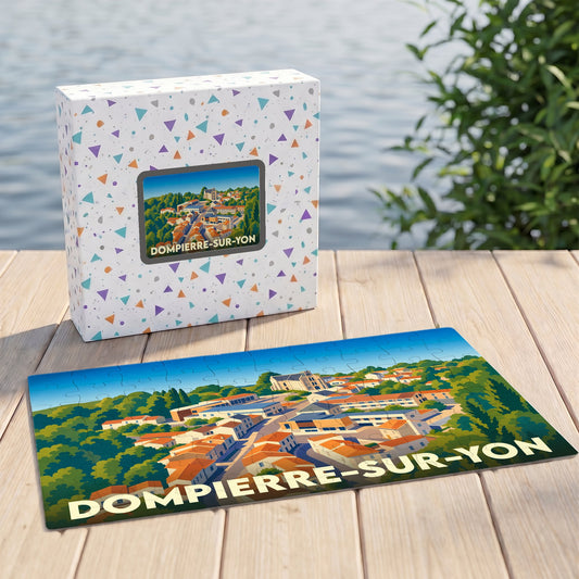Puzzle souvenir de la ville de Dompierre-sur-Yon avec une illustration stylisée et colorée.