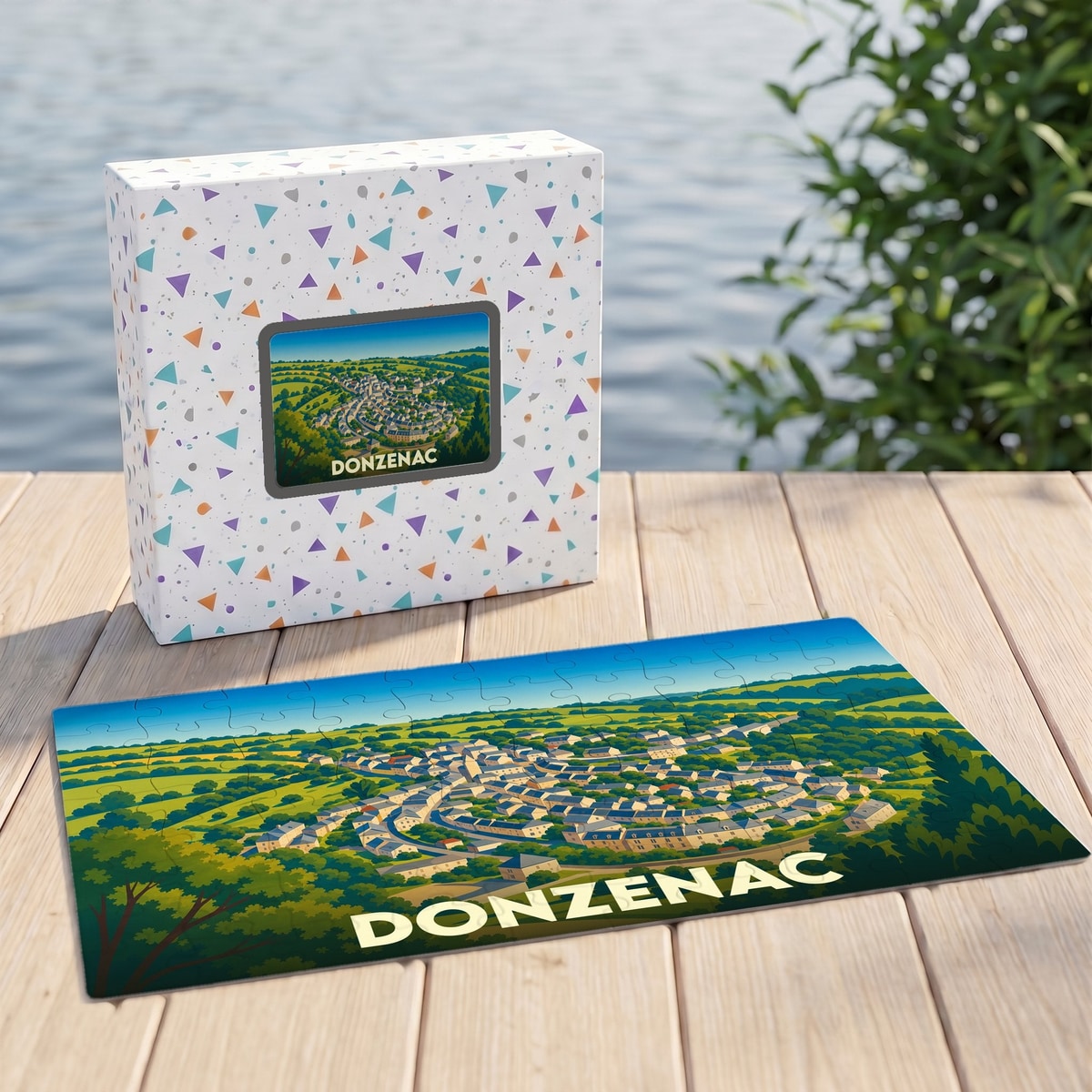 Puzzle souvenir de la ville de Donzenac avec une illustration stylisée de son paysage urbain.