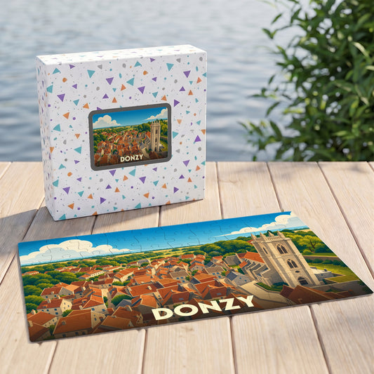 Puzzle souvenir de la ville de Donzy avec une illustration stylisée de ses toits et de son église.