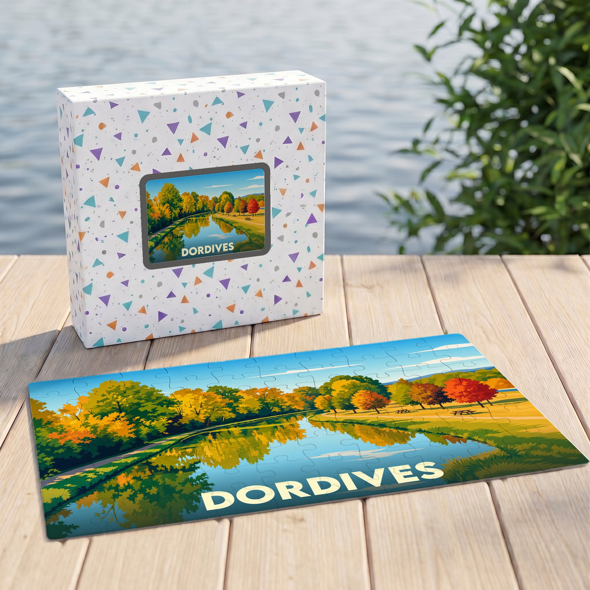 Puzzle souvenir de la ville de Dordives avec une illustration automnale stylisée.