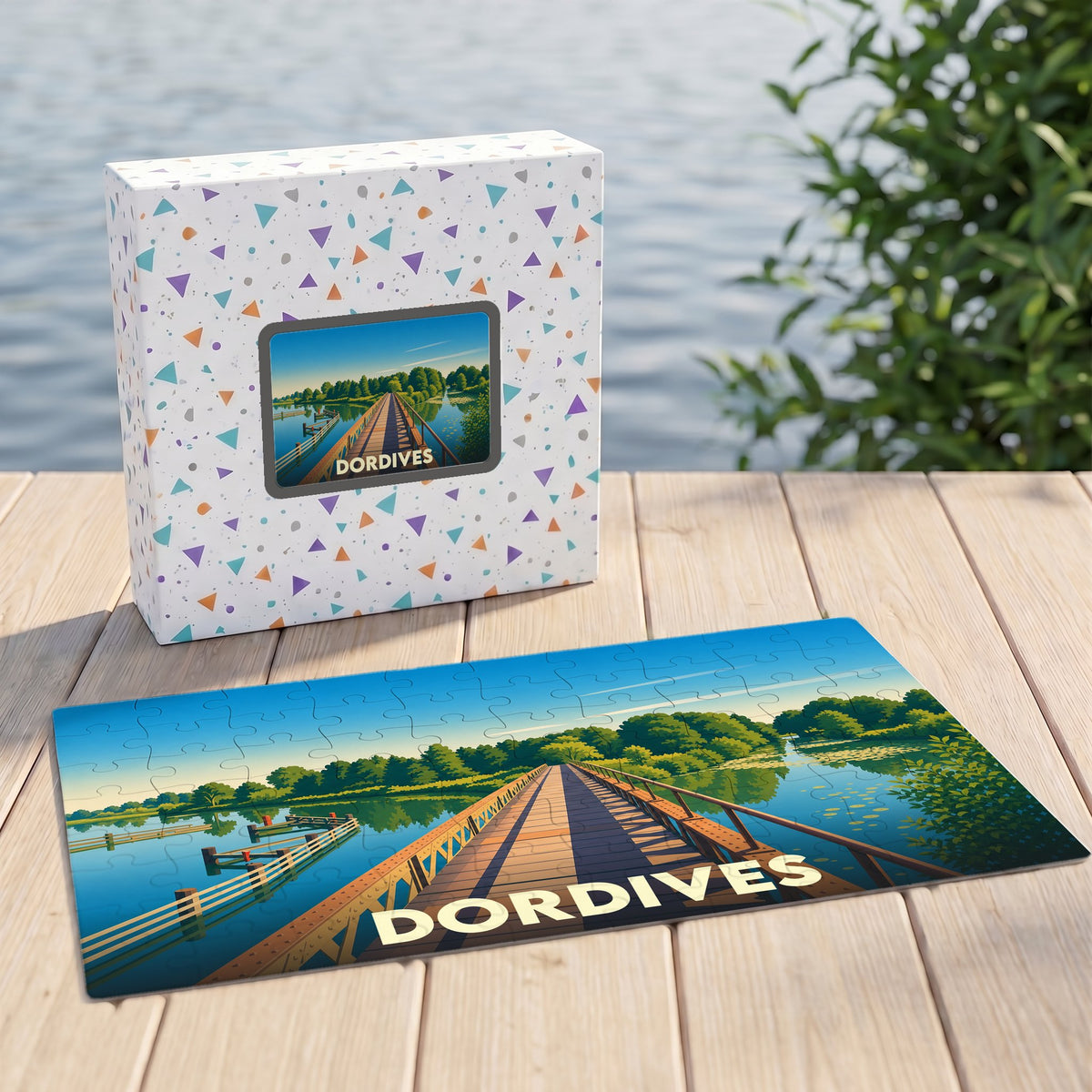 Puzzle souvenir de la ville de Dordives illustré d'un pont en bois traversant un lac paisible.