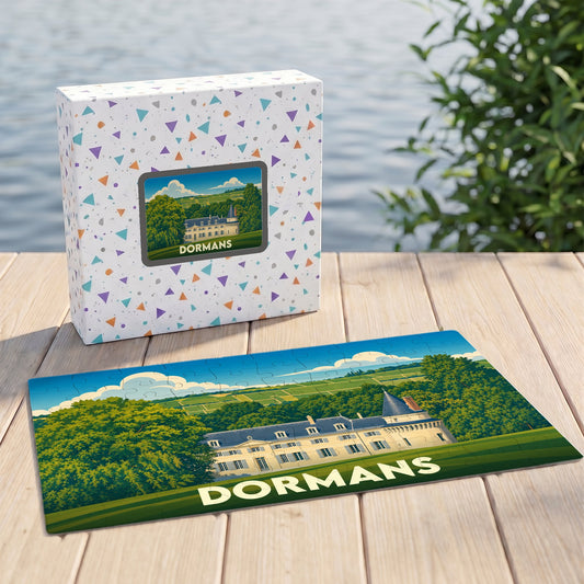 Puzzle souvenir de la ville de Dormans avec une illustration stylisée de son château.