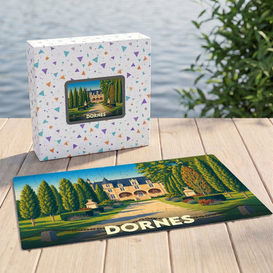 Puzzle souvenir de la ville de Dornes avec une illustration stylisée d'un château et son parc.