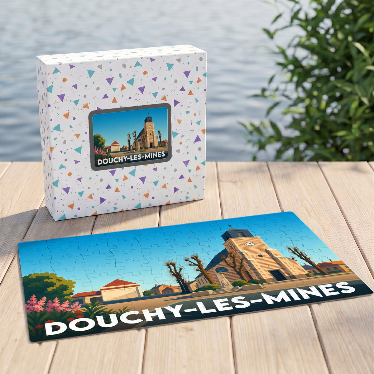 Puzzle souvenir de la ville de Douchy-les-Mines avec une illustration stylisée de son église.