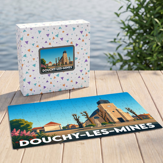 Puzzle souvenir de la ville de Douchy-les-Mines avec une illustration stylisée de son église.