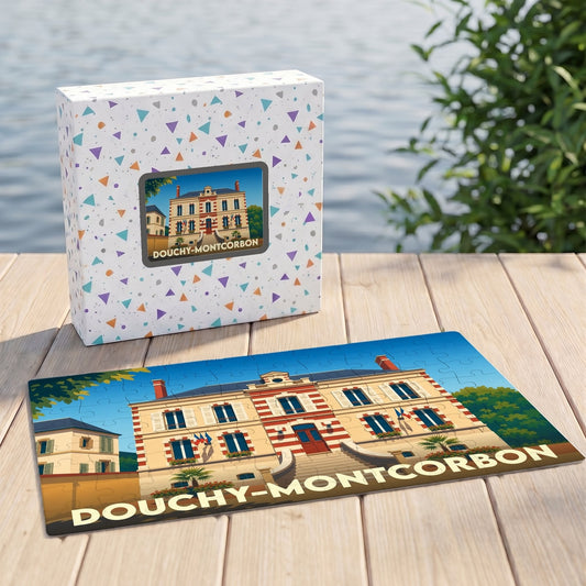 Puzzle souvenir de la ville de Douchy-Montcorbon avec une illustration stylisée de sa mairie.