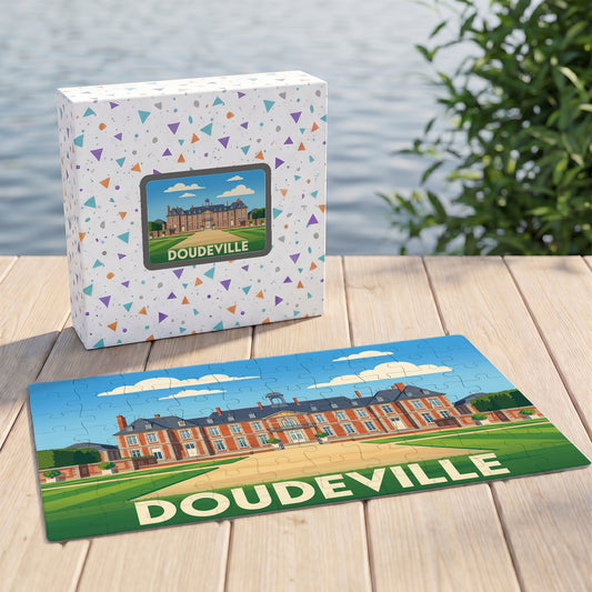 Puzzle souvenir de la ville de Doudeville avec une illustration stylisée d'un château.